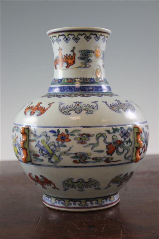 A Chinese doucai vase, 18th century, 23.5cm, handles ground off, repairs